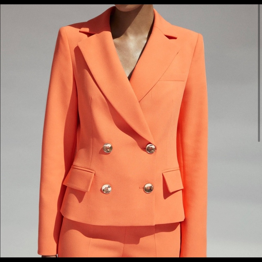 ZARA Double-Breasted Cropped Blazer in Tangerine with Gold Buttons. Medium.